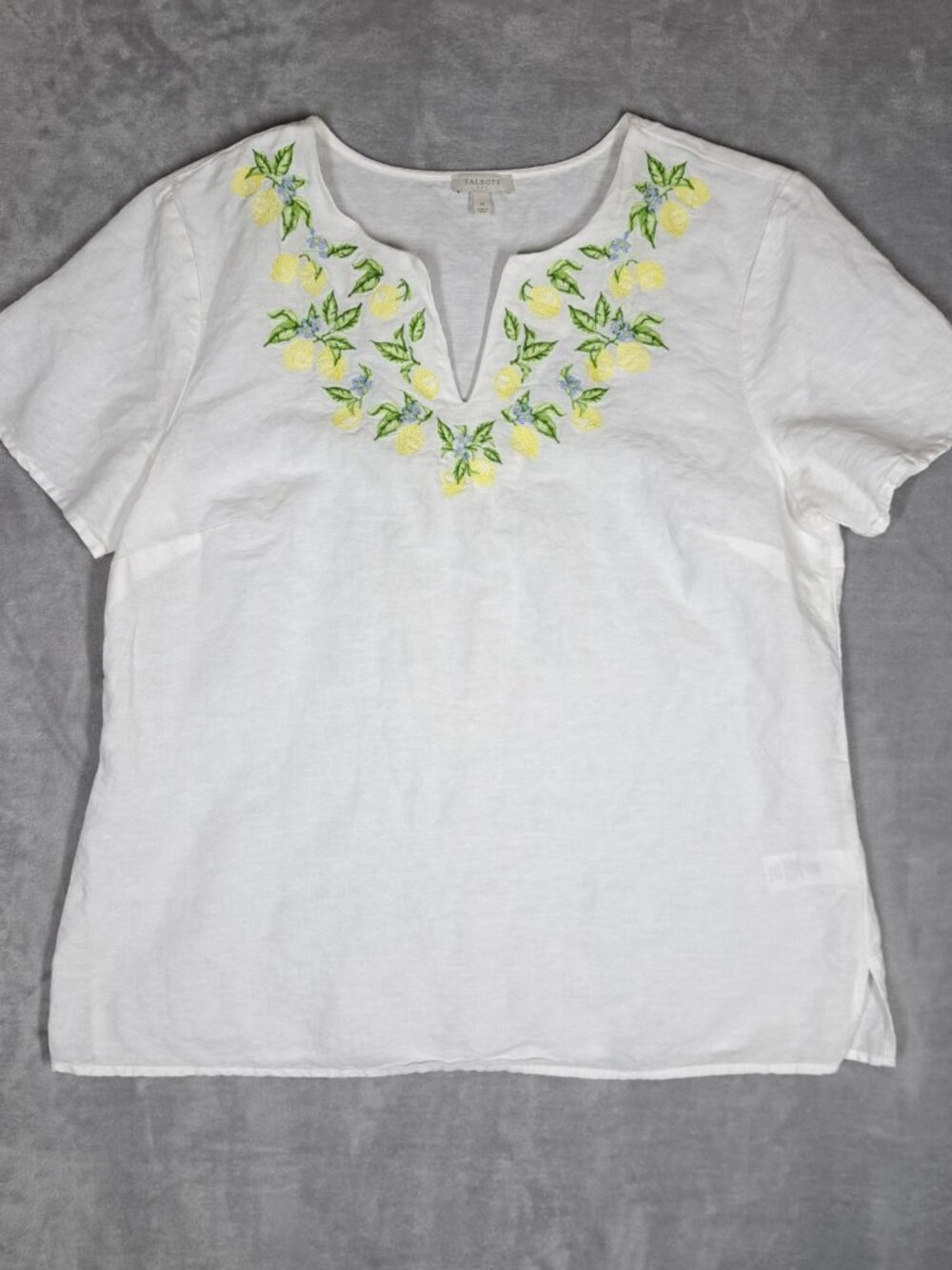 Talbots Linen Cotton Embroidered Top Blouse Lemons Sz M White Short Sleeve Boho